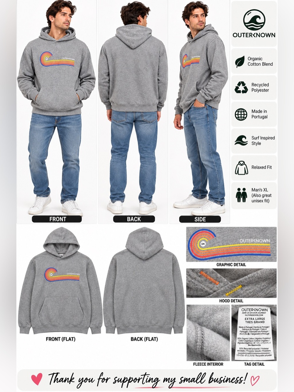 Outerknown Men’s XL Gray Hoodie Retro Rainbow Wave Organic Cotton Portugal